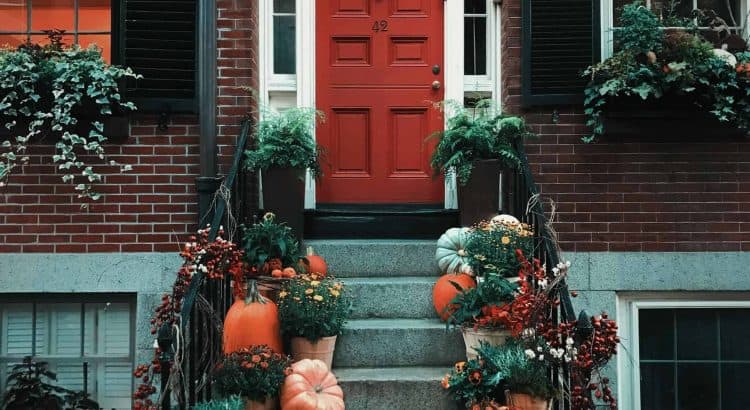 Image of pumpkins in front of stairs for Thanksgiving and Friendsgiving 2024 Blog post at Bloggey.com - Images free courtesy of Pexels.com at https://www.pexels.com/photo/pumpkins-on-stairs-in-front-of-a-door-3142467/