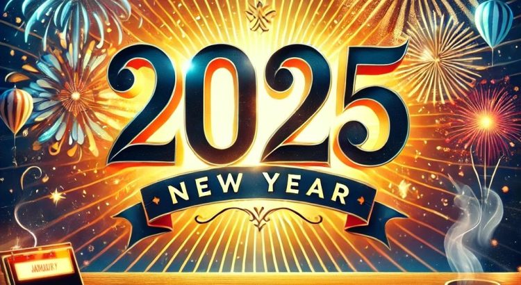 A vibrant and inspiring featured image for a New Year 2025 blog post. The image includes a large New Year 2025 display in bold modern typography surrounded by fireworks, as viewed from a deskpt with a computer tablet and a cup of coffee.